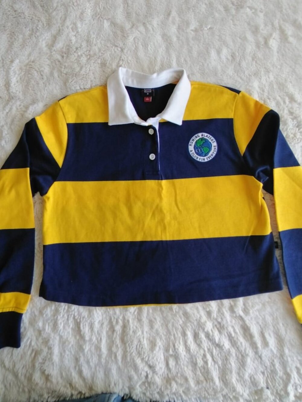 Rowing Blazers x Target Women's Cropped Rugby Shirt Navy Yellow Striped Size L